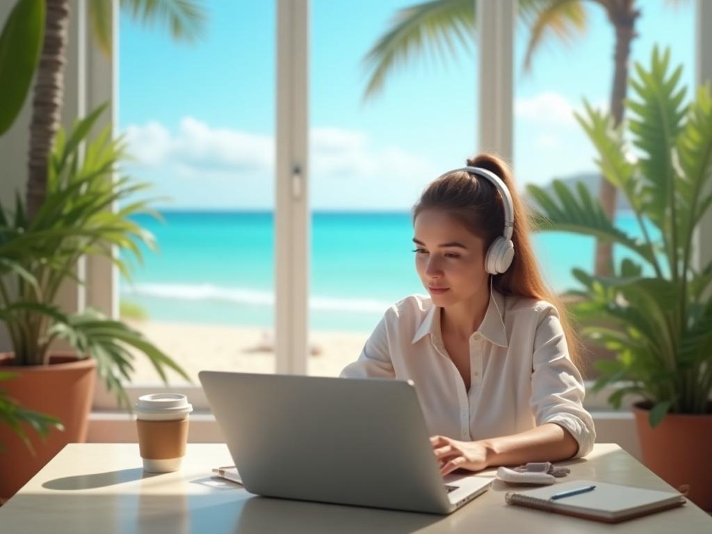 Digital nomade arbeider fra inspirerende coworking-område ved strand